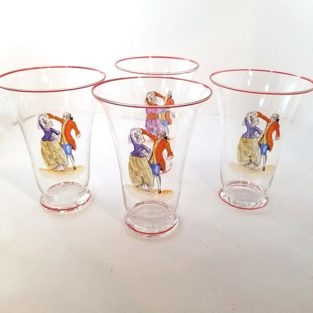 Vintage 40s Victorian Minuet Dancing Bar Drinking Glasses Red Rim Set of 4